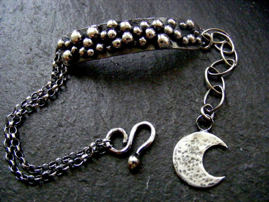 Silver Balls Rustic bracelet with crescent moon charm Oxidised silver bracelet