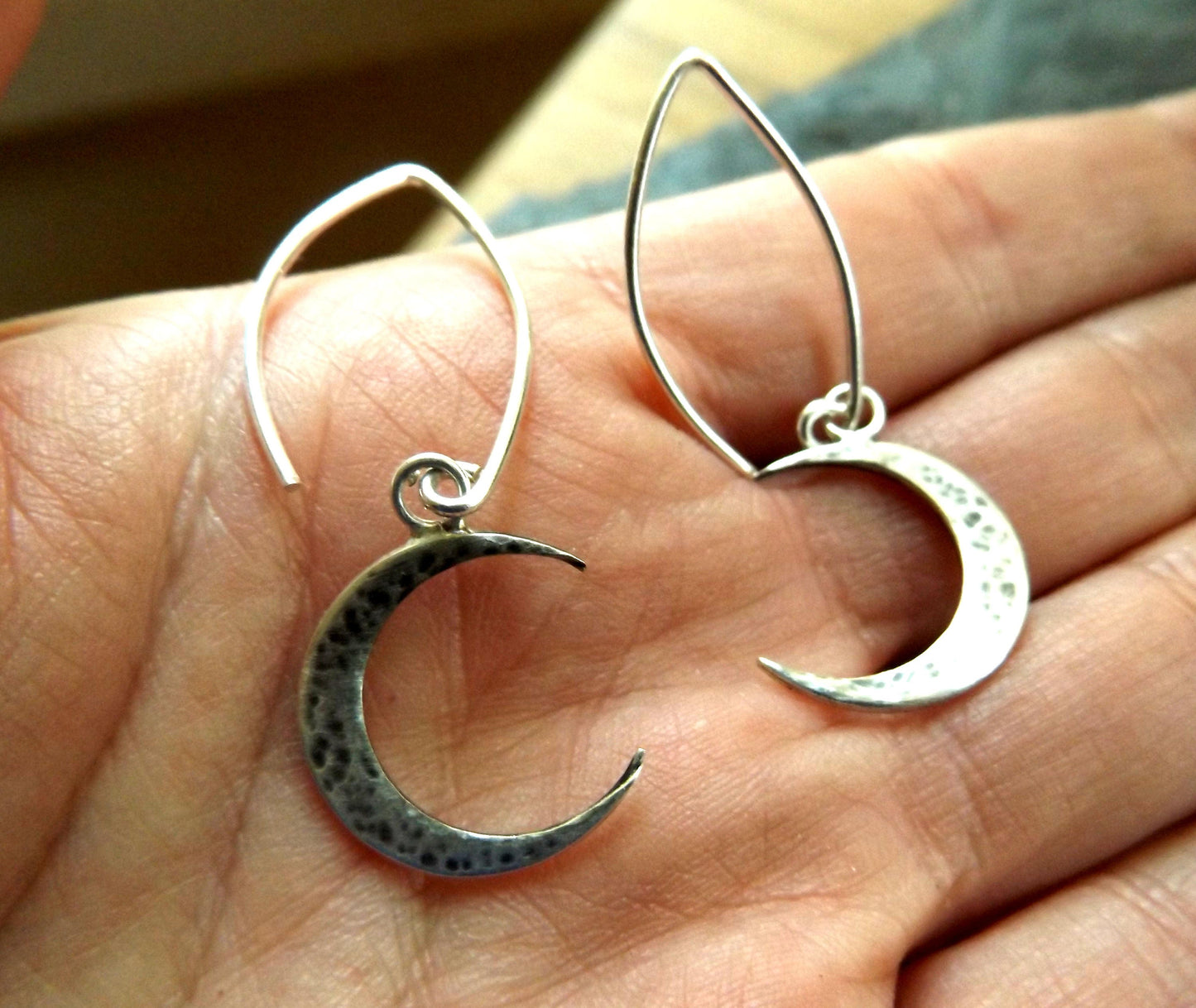 Silver Crescent Moon hammered circle dangle earrings , moon drop earrings