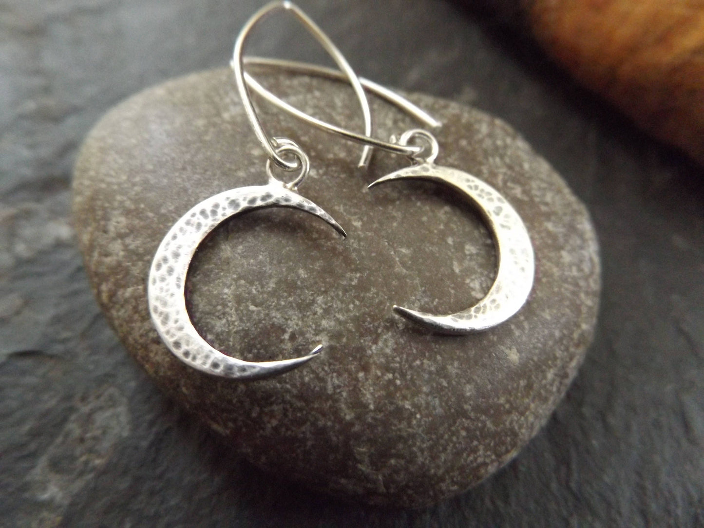 Silver Crescent Moon hammered circle dangle earrings , moon drop earrings