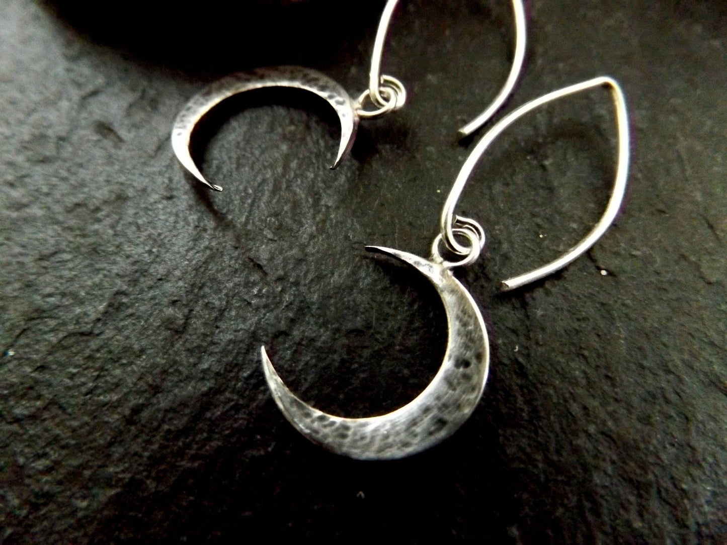 Silver Crescent Moon hammered circle dangle earrings , moon drop earrings