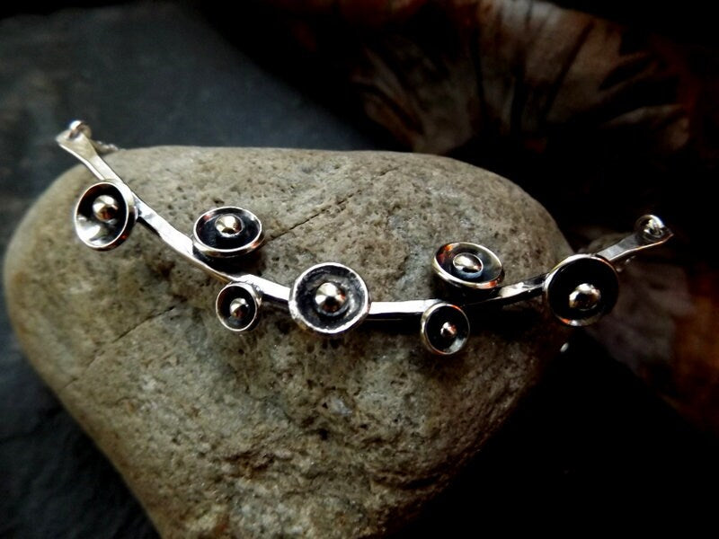 Silver bar necklace choker with silver blossom buds and silver balls