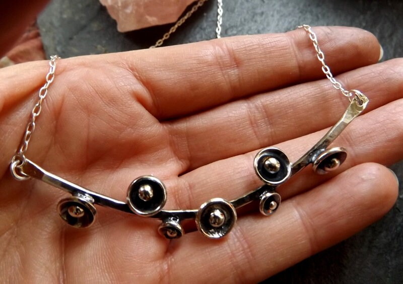 Silver bar necklace choker with silver blossom buds and silver balls