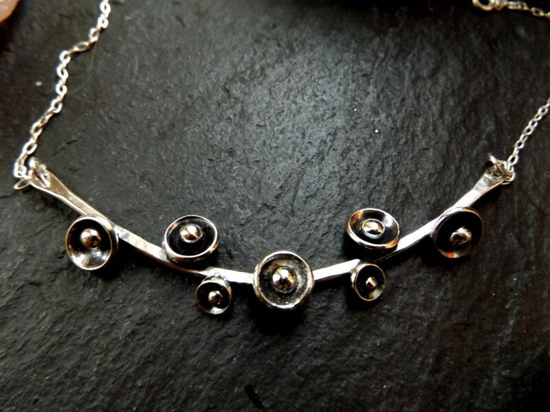 Silver bar necklace choker with silver blossom buds and silver balls