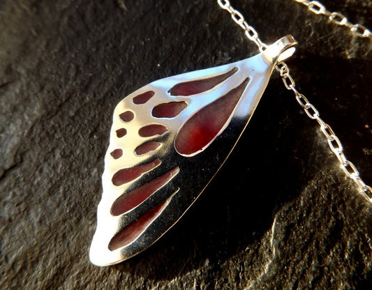 Silver Butterfly wing necklace pendant with pink resin inlay , silver and pink butterfly necklace