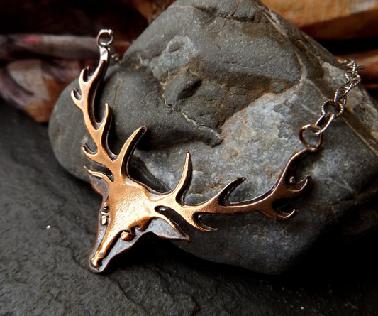 Copper handmade large stags head antler necklace , copper deer antler pendant