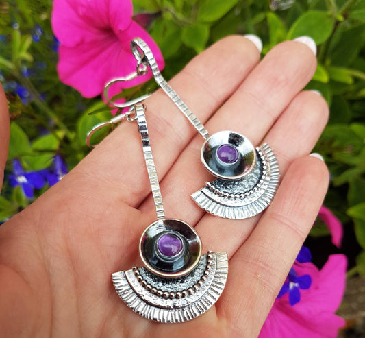 Silver Amethyst Dangle drop tribal style earrings with texture and patina