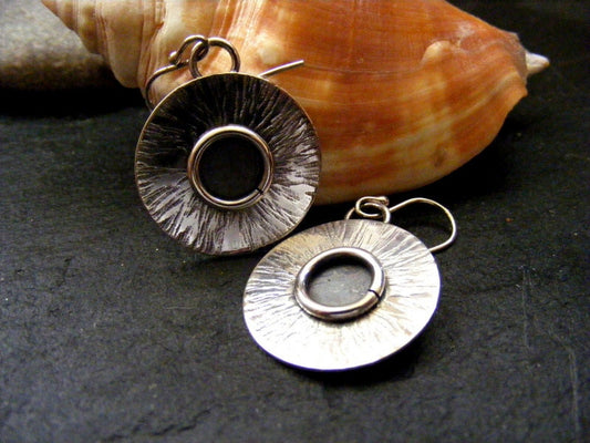 Silver Circle Dangle Earrings with hammered, oxidised detail