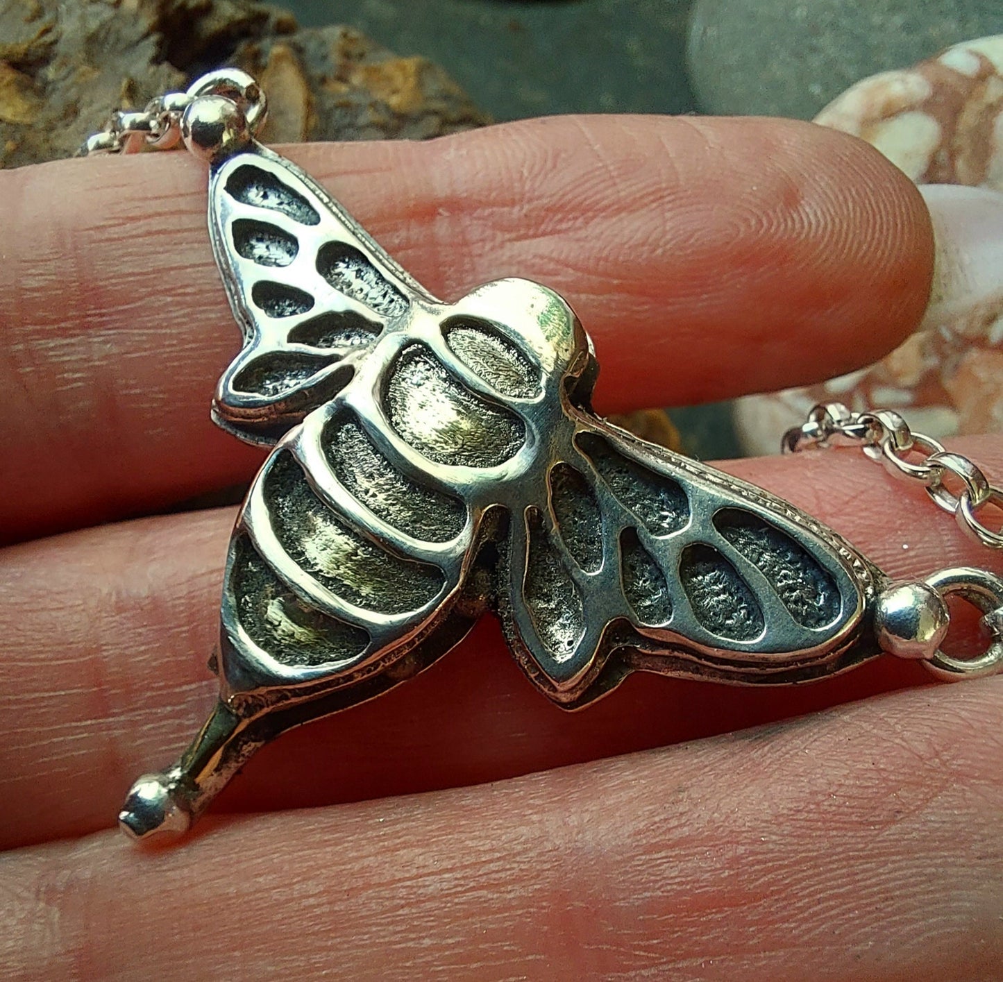 Silver bee pendant necklace with brass . Three dimensional textured bee with gemstone .Handsawn bee