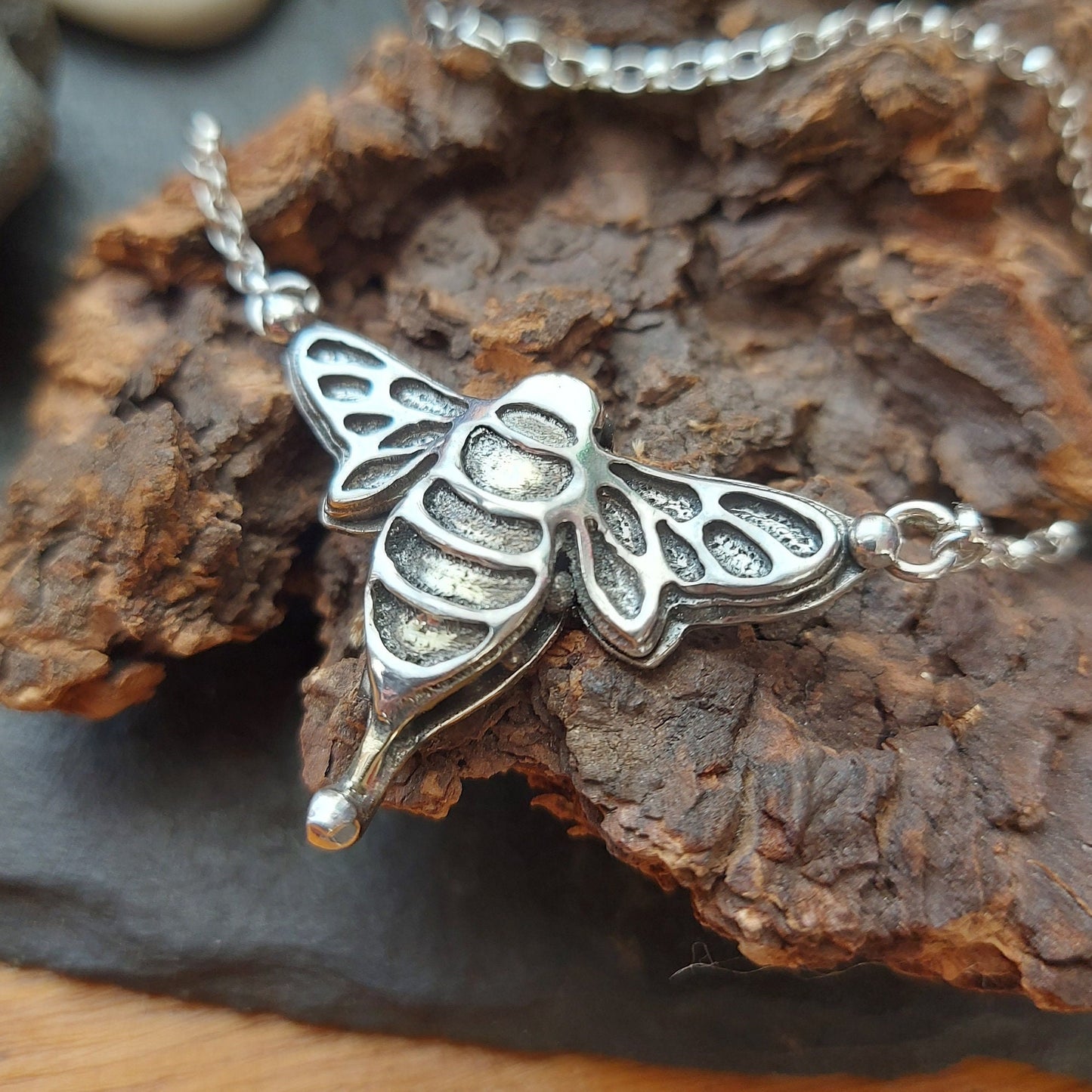 Silver bee pendant necklace with brass . Three dimensional textured bee with gemstone .Handsawn bee