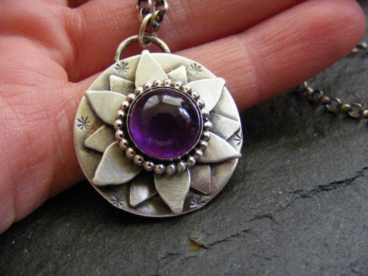 Silver Amethyst Lotus Flower pendant necklace Silver amethyst Water Lily Pendant