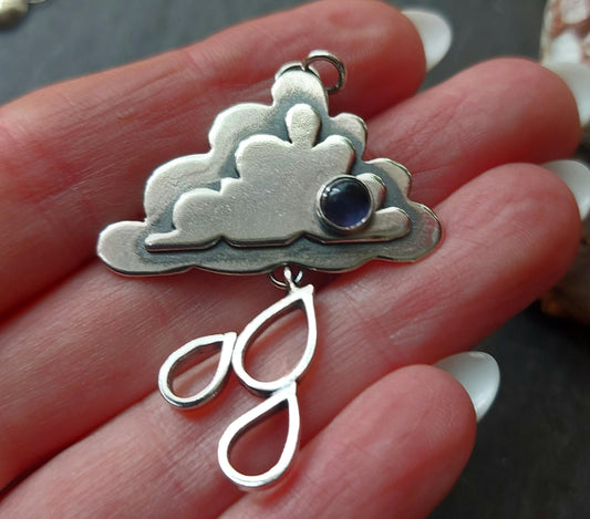 Silver cloud and raindrops necklace with iolite.,Sterling silver cloud with gemstone pendant