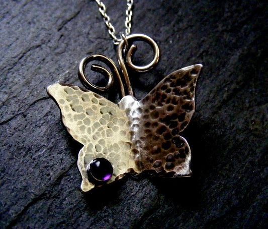 Silver Butterfly hammered Necklace with Amethyst Rustic Butterfly