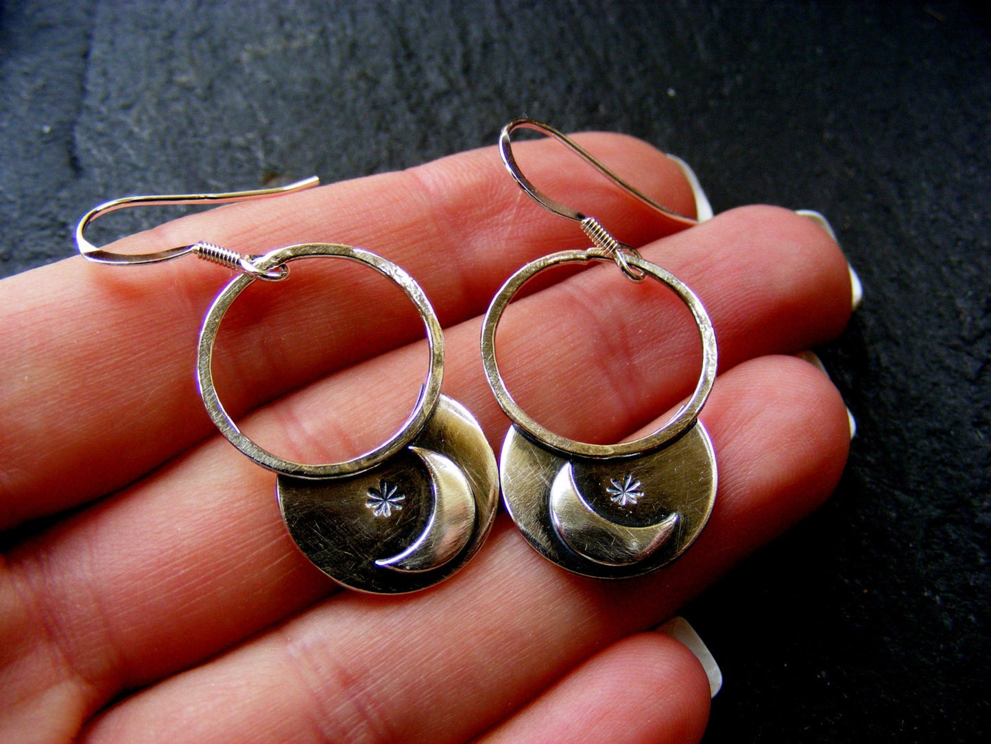 Silver Crescent Moon and Star hoop dangle earrings rustic hoops