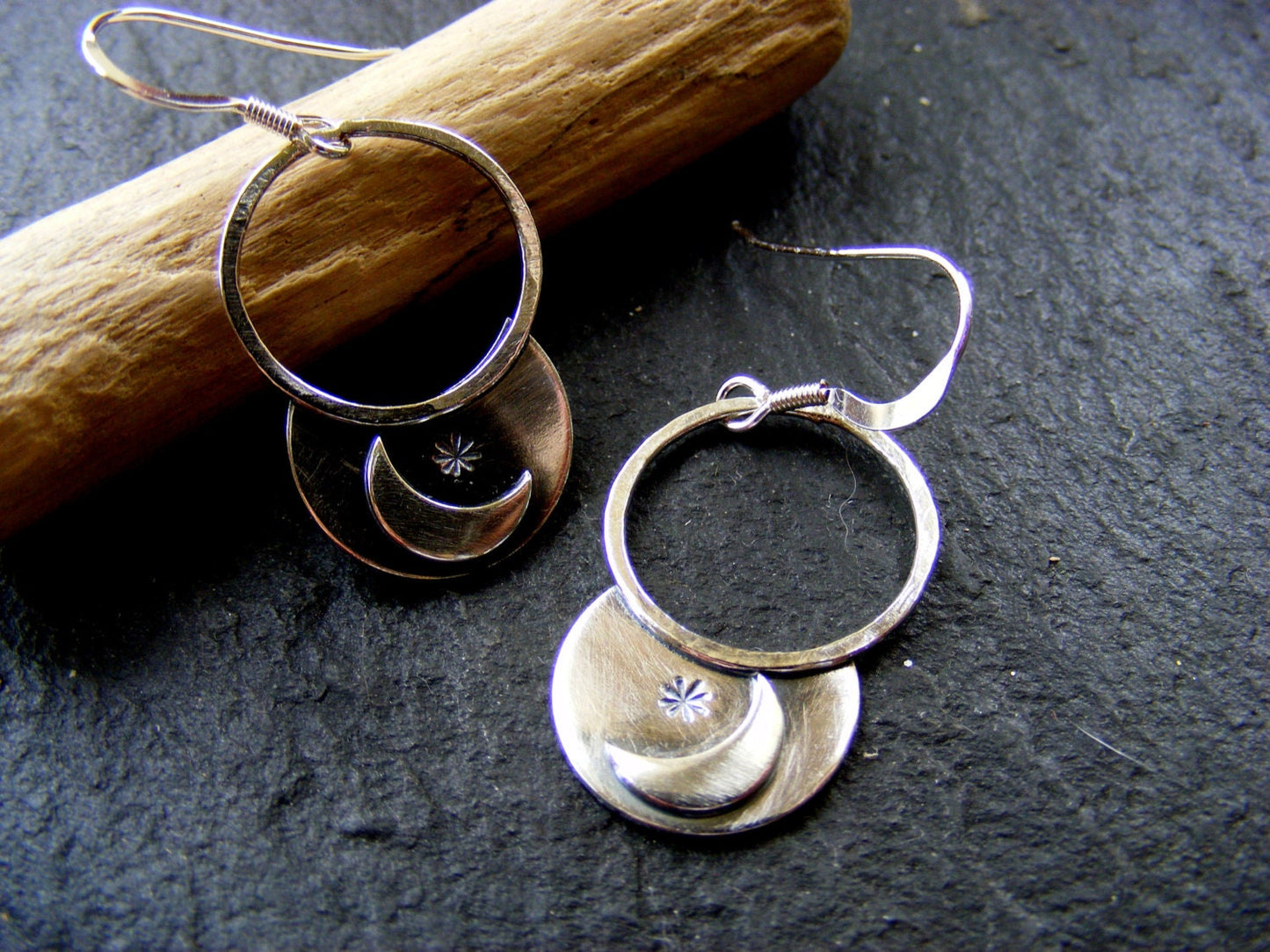 Silver Crescent Moon and Star hoop dangle earrings rustic hoops