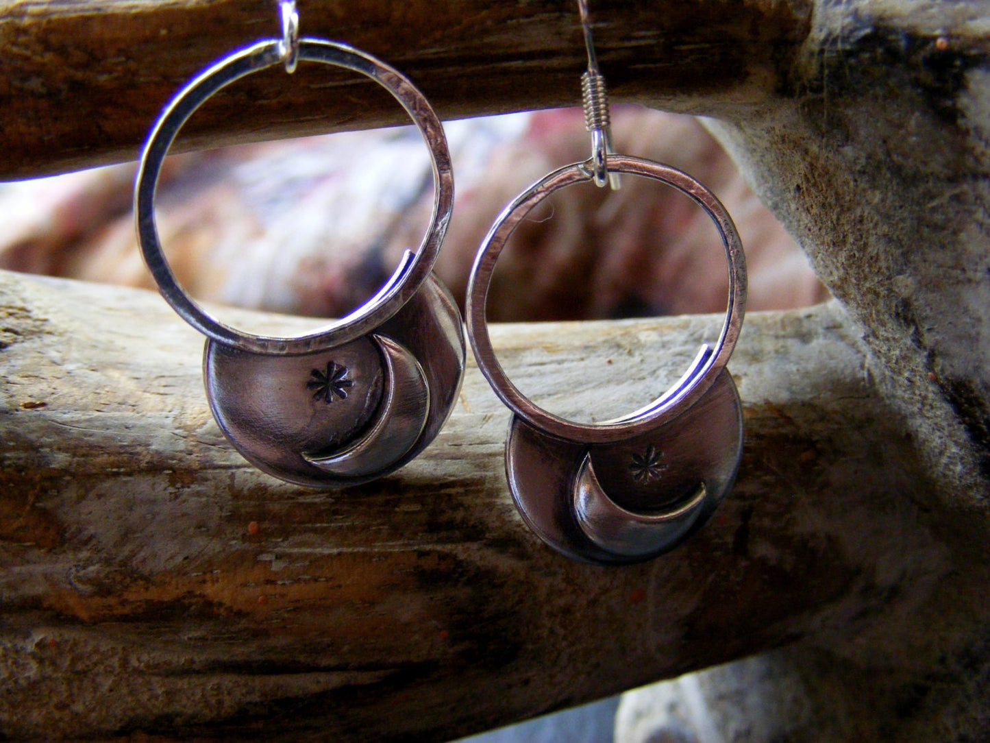 Silver Crescent Moon and Star hoop dangle earrings rustic hoops