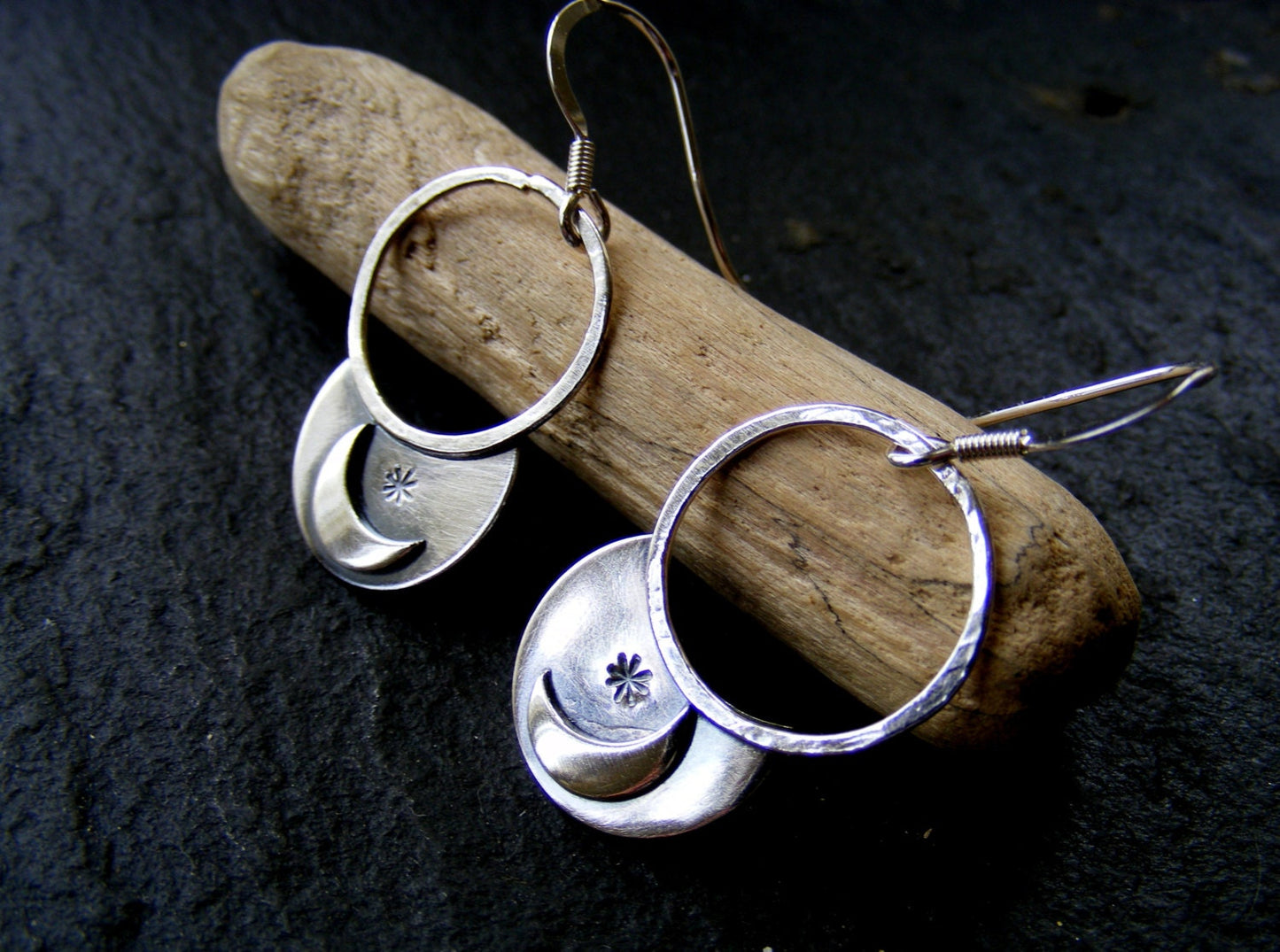 Silver Crescent Moon and Star hoop dangle earrings rustic hoops