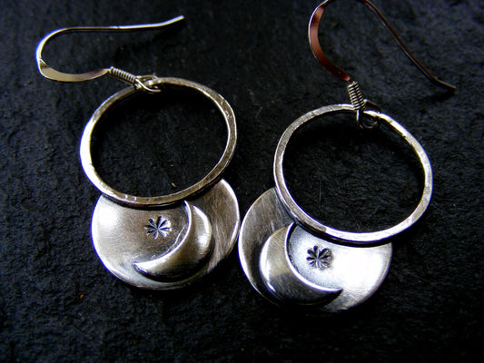 Silver Crescent Moon and Star hoop dangle earrings rustic hoops