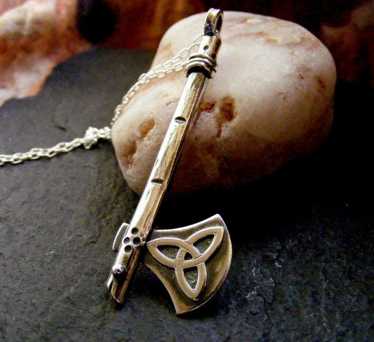 Silver Axe Pendant miniature weapon with celtic knot and wood texture with silver chain